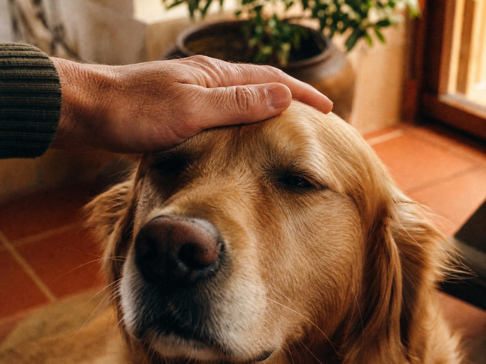 Una mano posata dolcemente sulla testa di un golden retriever in una casa calda