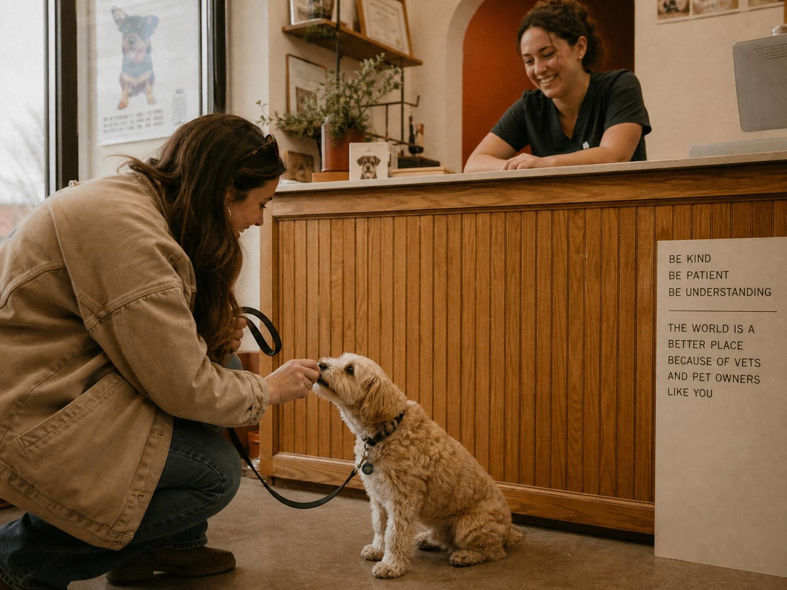 Un cane accolto con dolcezza alla reception dell'ambulatorio
