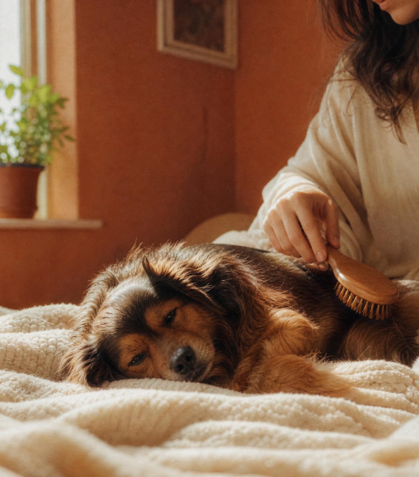 Cane spazzolato dolcemente da una donna