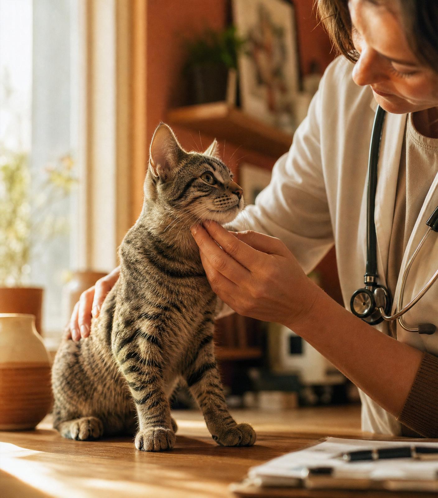 Veterinaria visita un gatto tabby in una sala luminosa